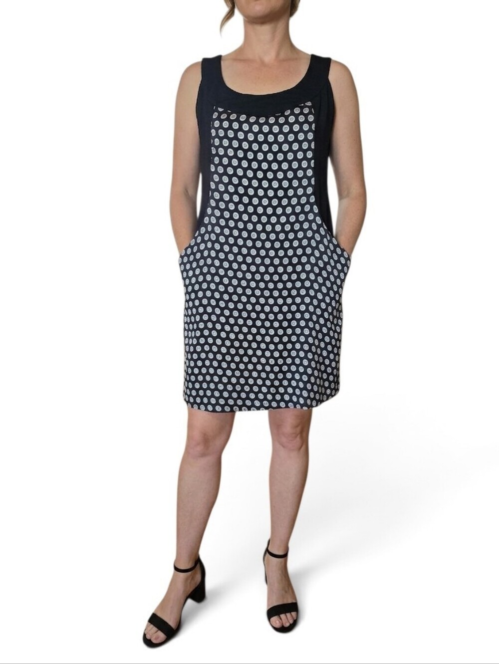 Eci New York Black & White Dotted Geometric Sleeveless Silk Blend Shift Dress 12